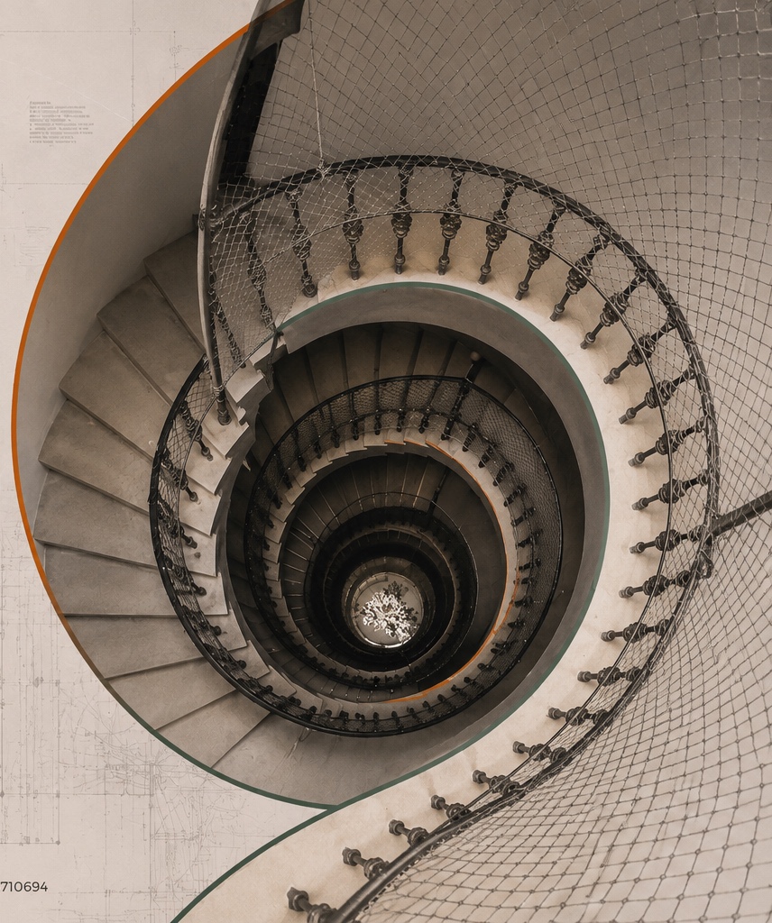 Spiral staircase viewed from above, with railings and netting