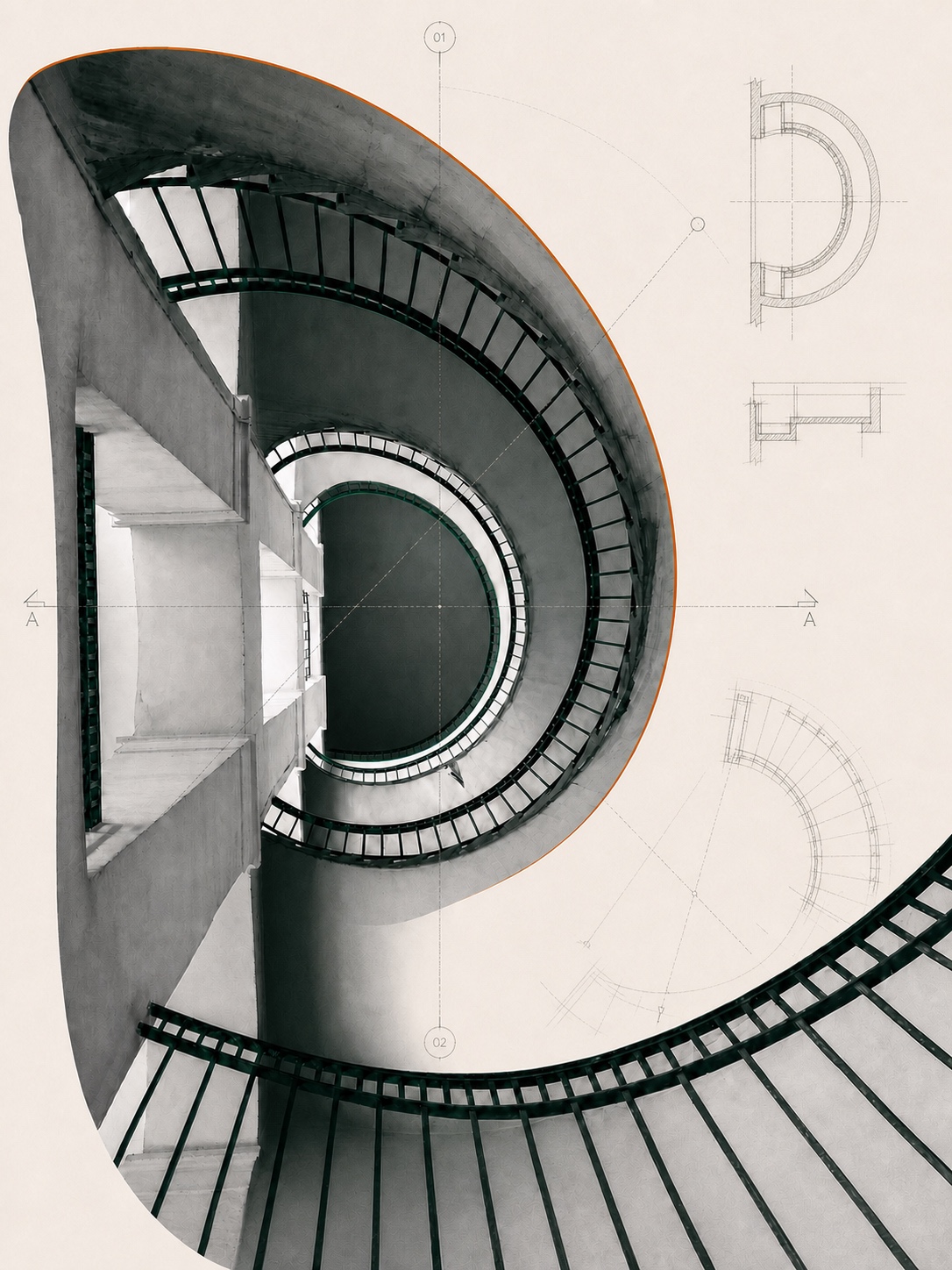 Historic spiral staircase overlaid with architectural drawings