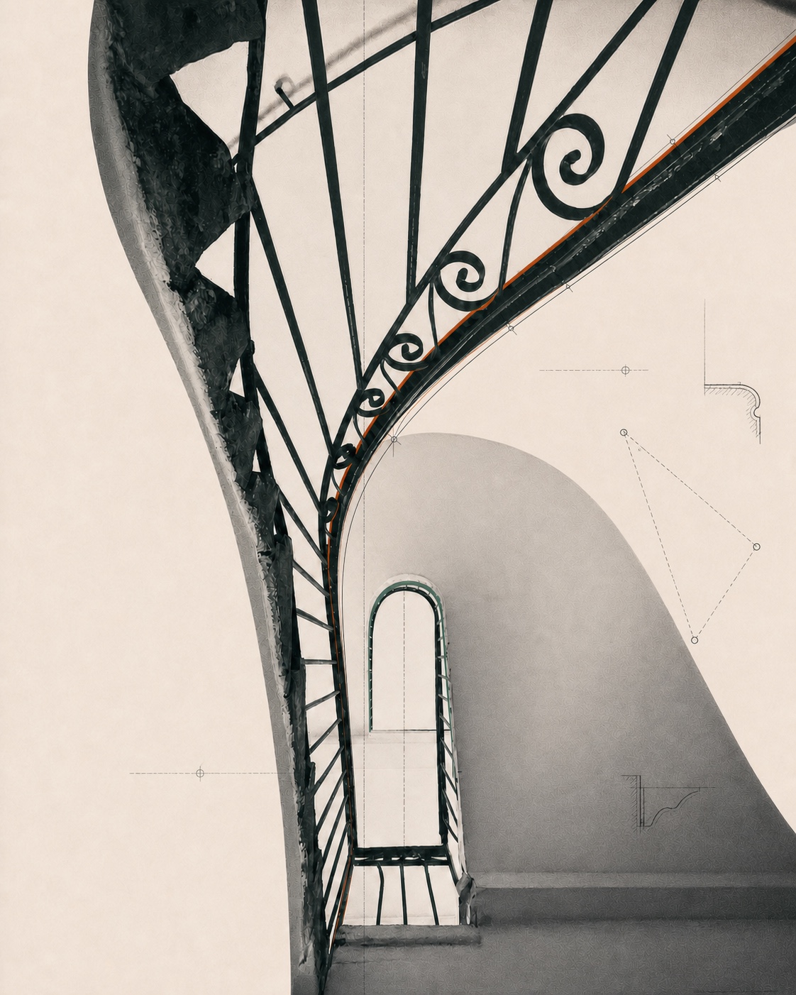 Stairwell with subtle architectural annotations