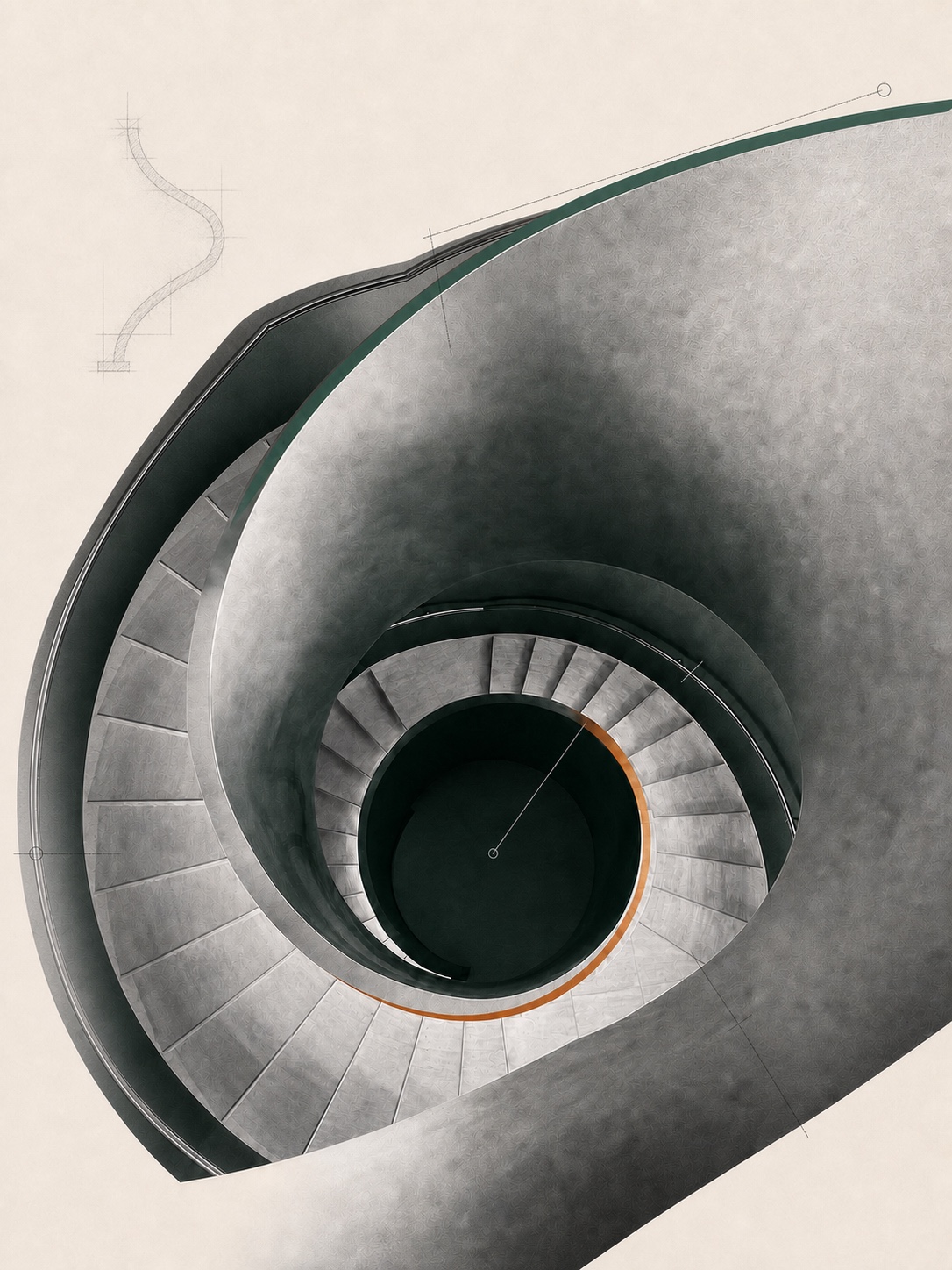Spiral staircase viewed from above, with architectural drawings
