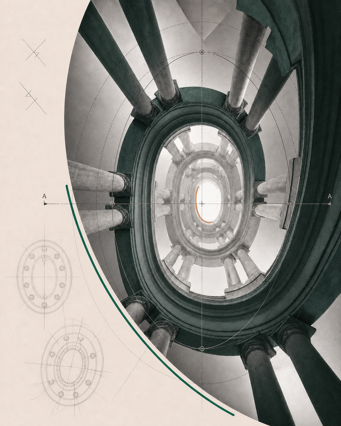 Historic spiral staircase with architectural annotations