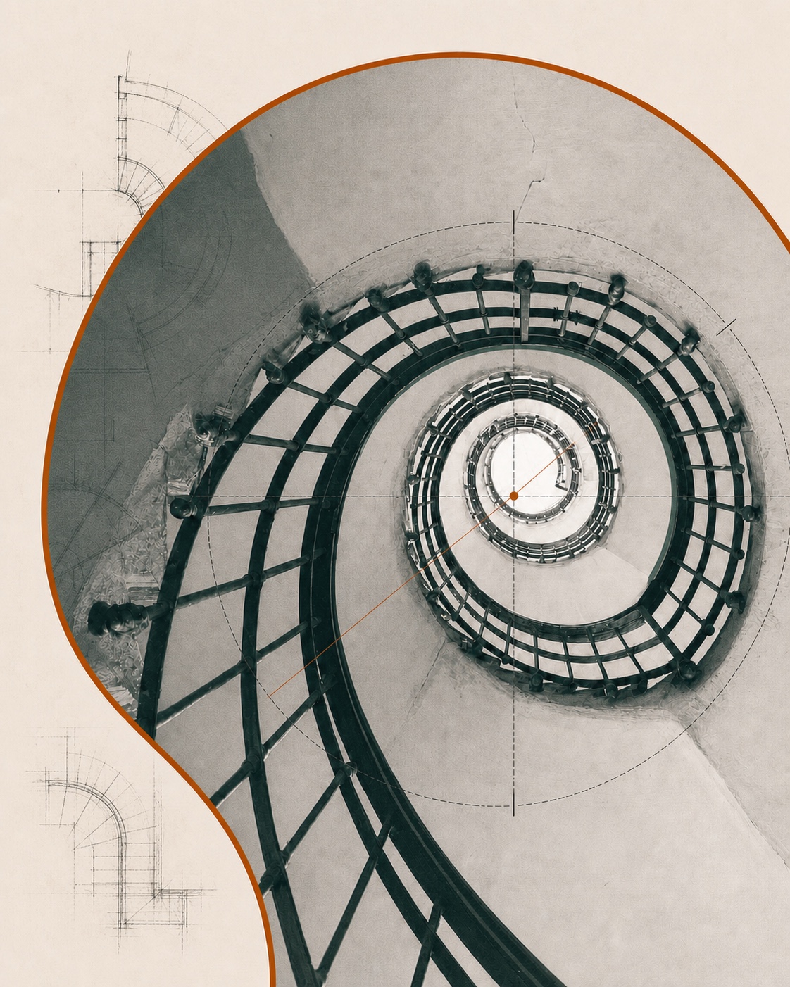 Spiral staircase with metal railings and architectural annotations